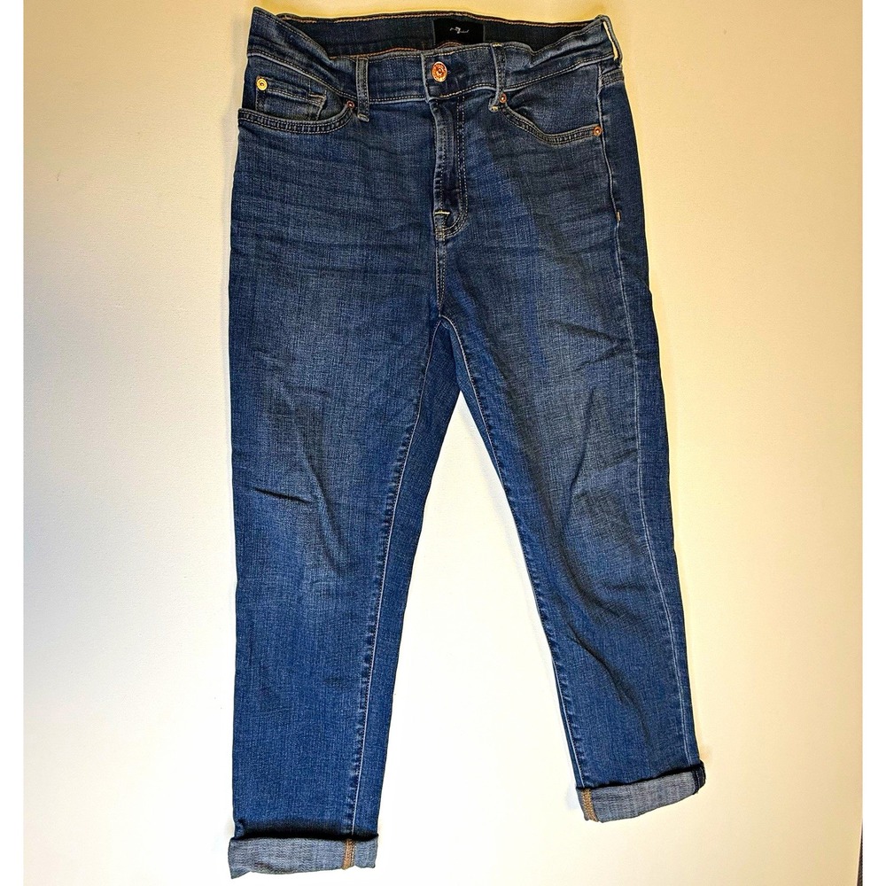 7 For All Mankind Women's Blue Denim Boyfriend Jeans Cuffed Mid Rise 28